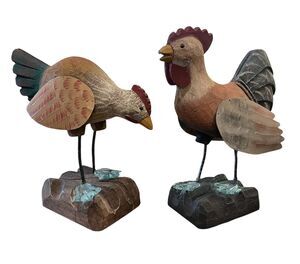 James Haddon Set of 2 Wood Carved Chicken Rooster w Glass Feet Folk Art Country